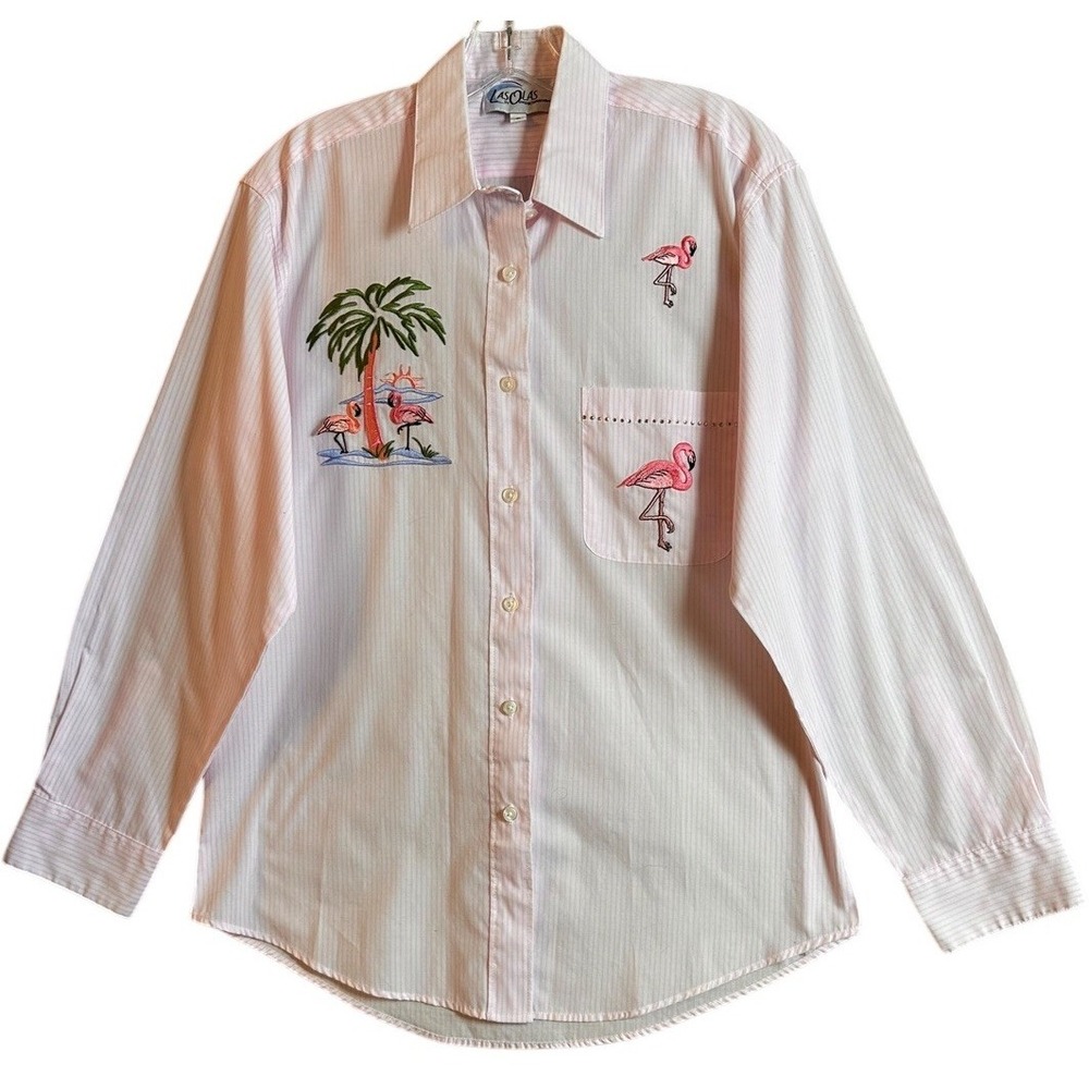 Las Olas Flamingo Embroidered Button Up Shirt Pink Stripe Tropical Beach S